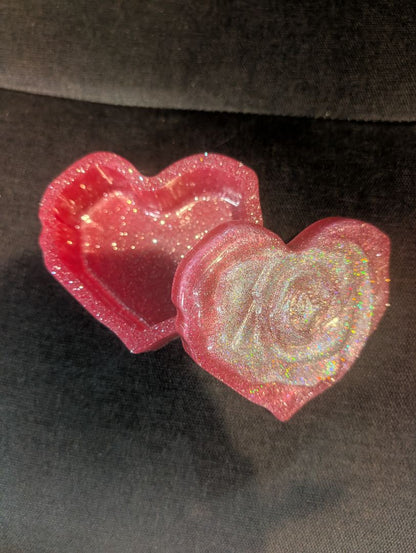 Pink Hand made Heart Shaped Trinket Box w/ Silver Glitter Rose, Resin