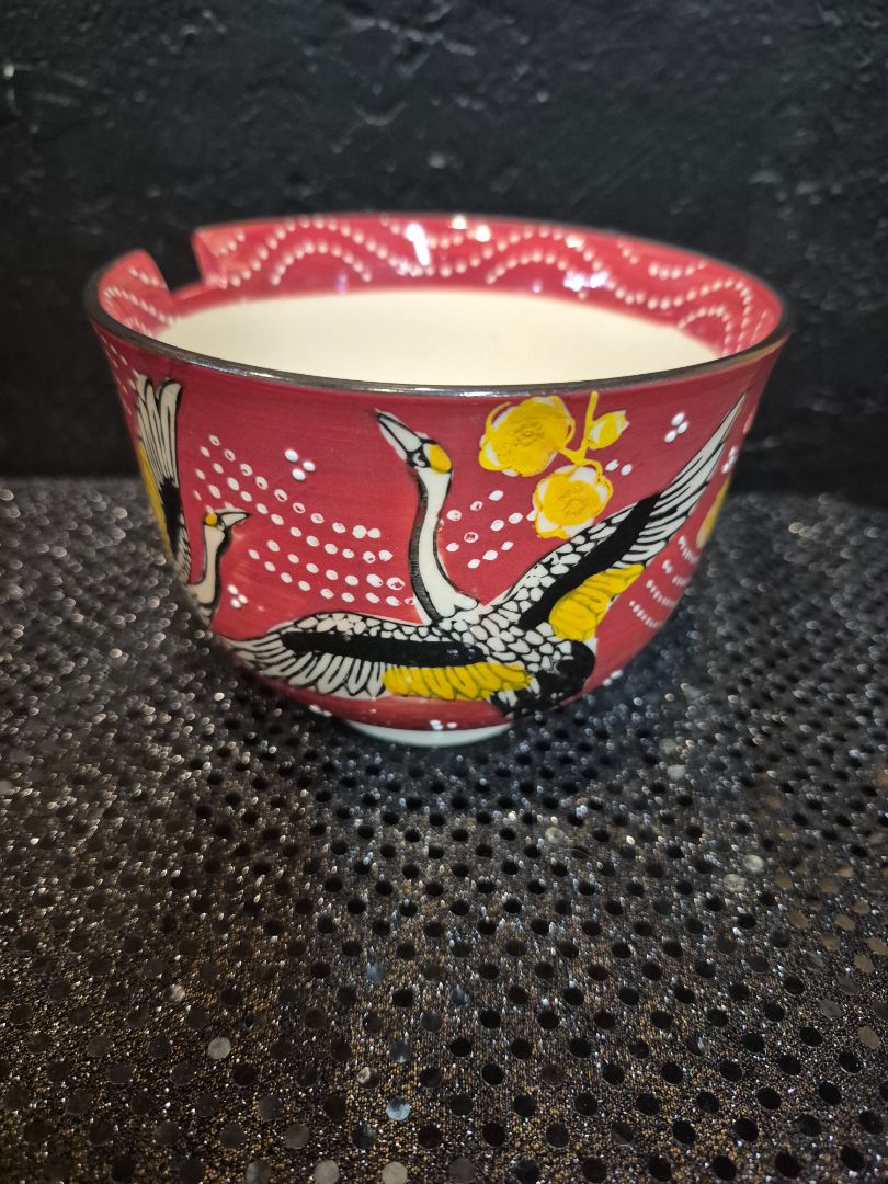 Red Sky Flying Crane Mira Designs by FMC Rice Bowl w/Chopstick Holes, 5" × 4"