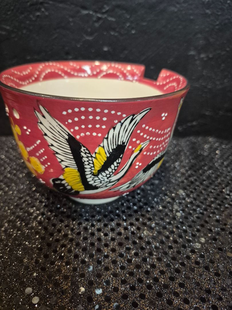 Red Sky Flying Crane Mira Designs by FMC Rice Bowl w/Chopstick Holes, 5" × 4"