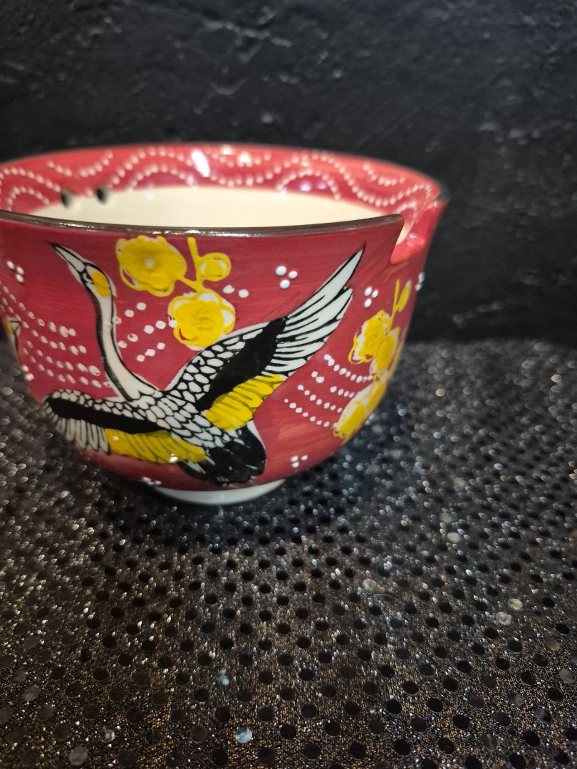 Red Sky Flying Crane Mira Designs by FMC Rice Bowl w/Chopstick Holes, 5" × 4"
