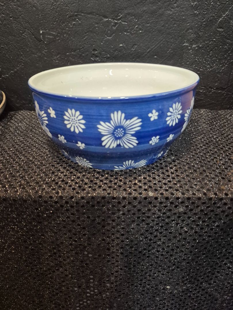 Blue w/White Flowers Yokohama Studio Hand Painted Bowl, 7" × 3.25"