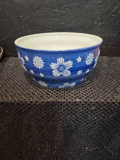 Blue w/White Flowers Yokohama Studio Hand Painted Bowl, 7" × 3.25"