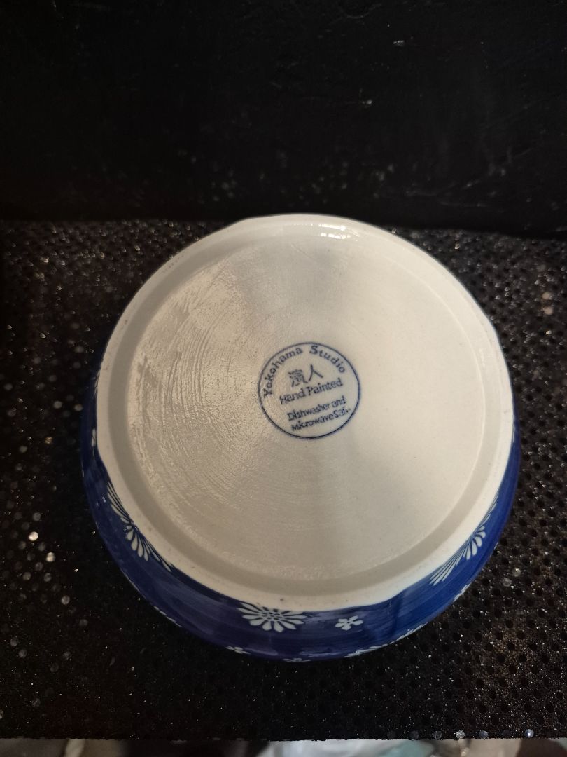 Blue w/White Flowers Yokohama Studio Hand Painted Bowl, 7" × 3.25"