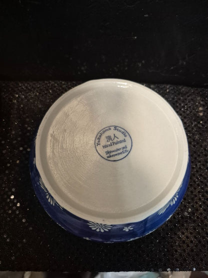 Blue w/White Flowers Yokohama Studio Hand Painted Bowl, 7" × 3.25"