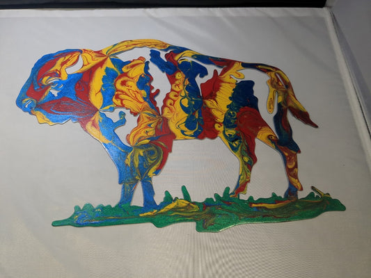 Blue Red Yellow Luminous Creations Metal Acrylic Poured Buffalo, 16 inches X 10 inches