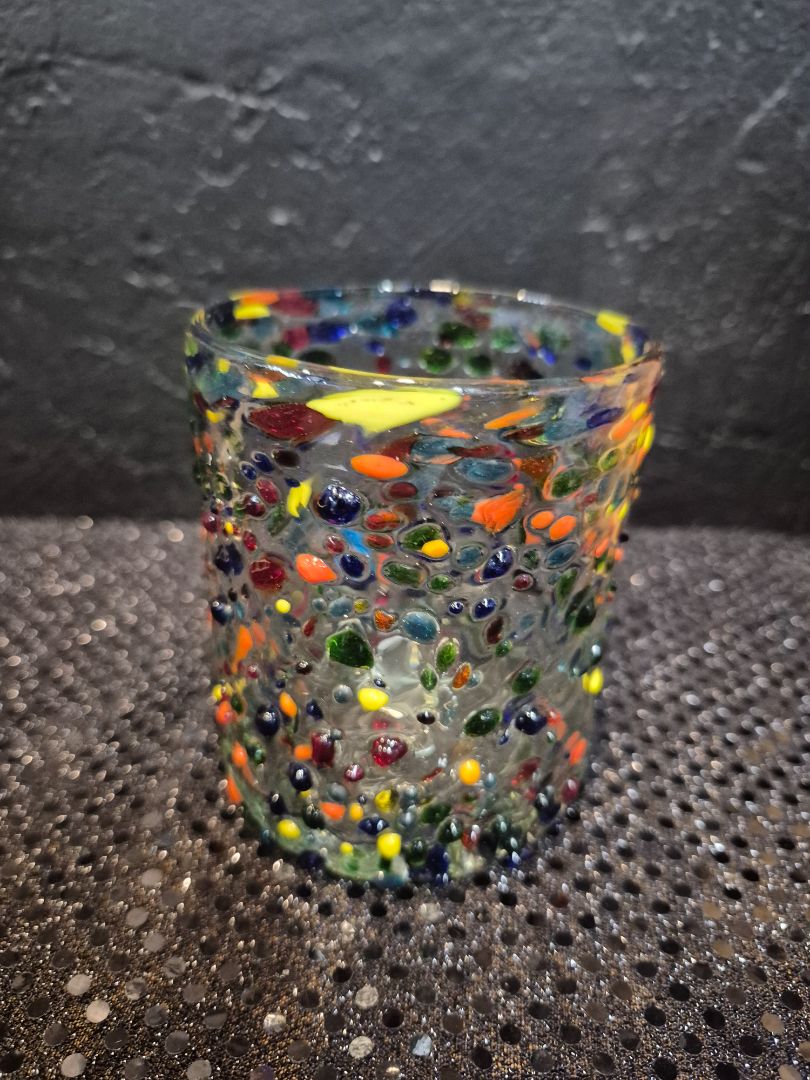 Hand-blown Mexican Confetti Low-ball Tumbler Glasses, Set of 2, 4"