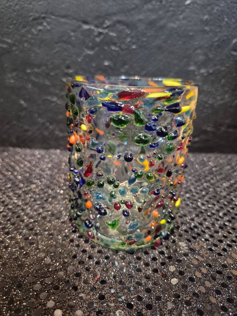 Hand-blown Mexican Confetti Low-ball Tumbler Glasses, Set of 2, 4"