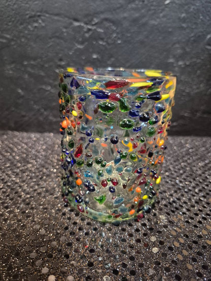 Hand-blown Mexican Confetti Low-ball Tumbler Glasses, Set of 2, 4"