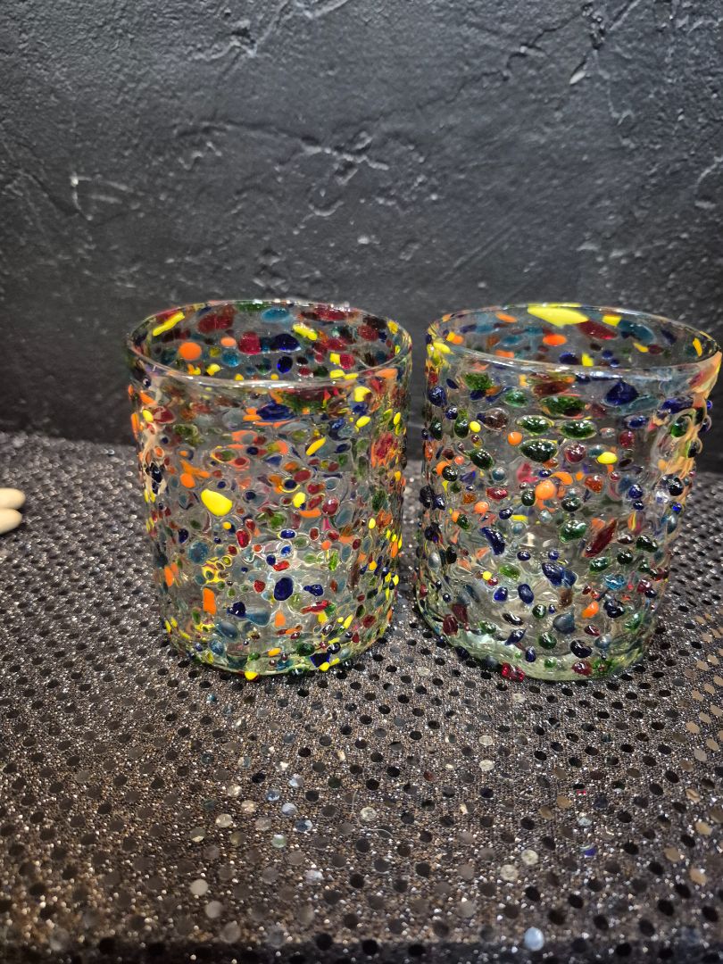 Hand-blown Mexican Confetti Low-ball Tumbler Glasses, Set of 2, 4"