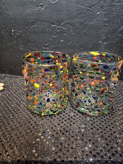 Hand-blown Mexican Confetti Low-ball Tumbler Glasses, Set of 2, 4"