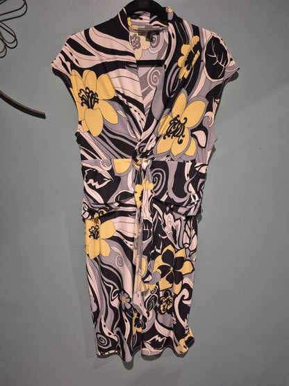 Black, White, Yellow Floral Dressbarn Cap Sleeve Dress, 6