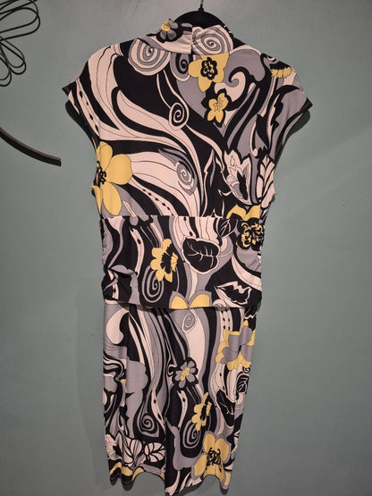 Black, White, Yellow Floral Dressbarn Cap Sleeve Dress, 6