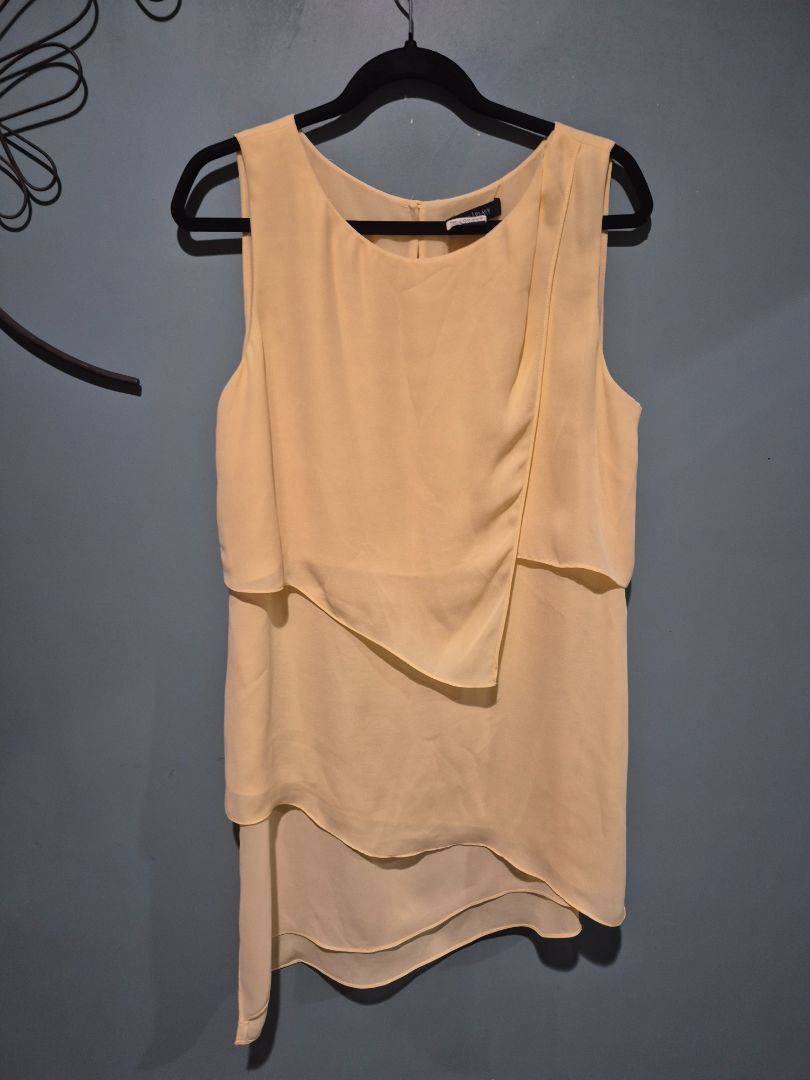Yellow White House Black Market No Sleeve Ruffled Dress, L