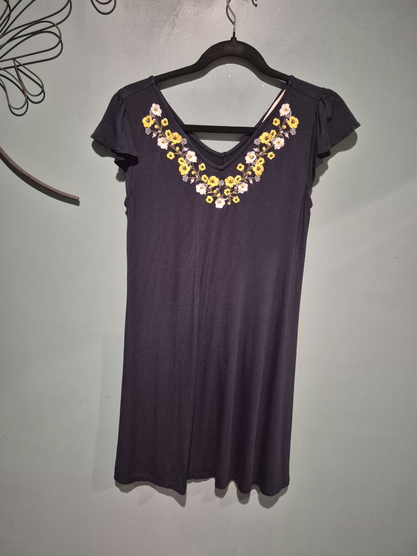 Dark Navy Loft Dress W/ Floral Knit Embroidered V-Neck, XSP