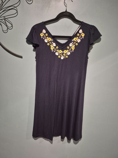 Dark Navy Loft Dress W/ Floral Knit Embroidered V-Neck, XSP