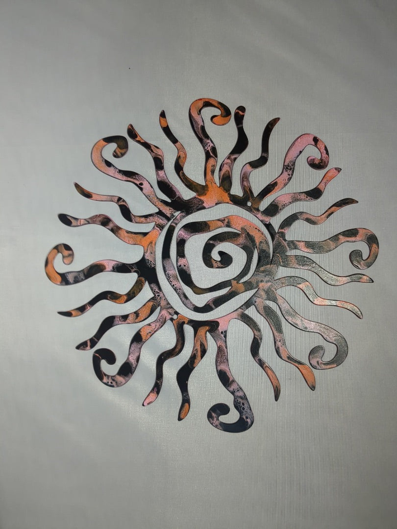 Orange Pink Brown Luminous Creations Acrylic Poured Spiral Sun, 12 inches X 9 inches