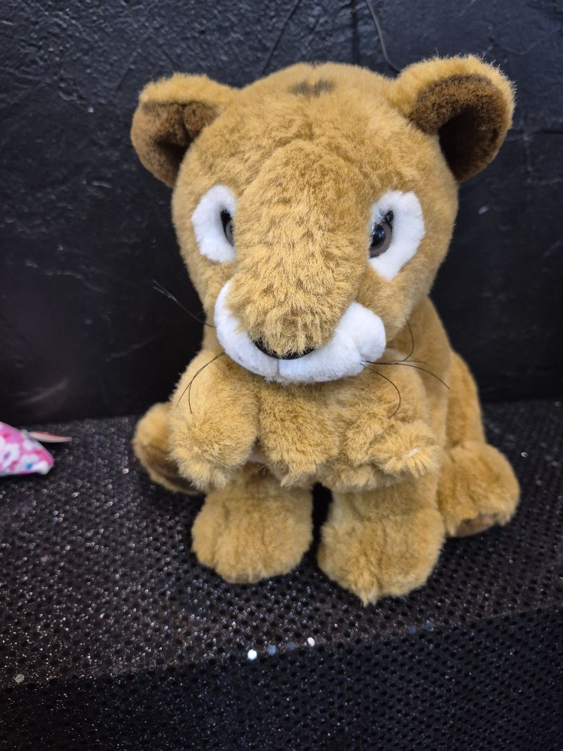 Tan  Mother Lion Holding Cub in Mouth Plushie, 9.5"