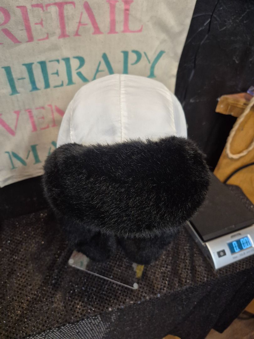 White w/Black Faux Fur Mad Bomber Trapper Hat, S