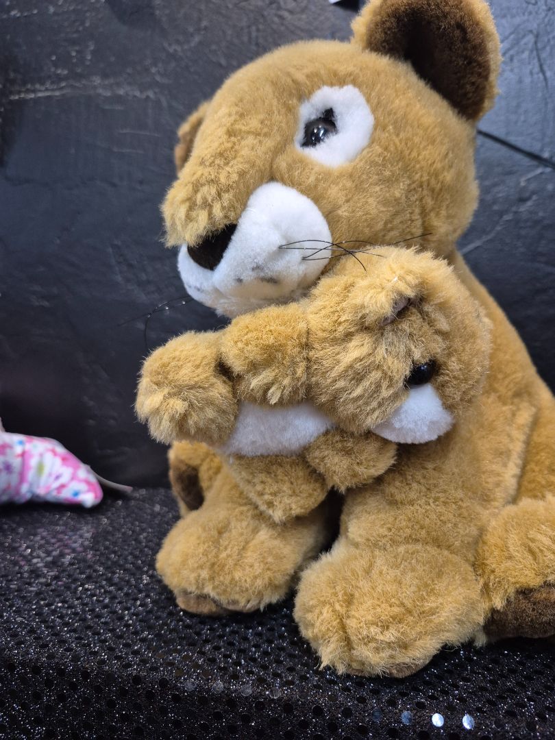 Tan  Mother Lion Holding Cub in Mouth Plushie, 9.5"