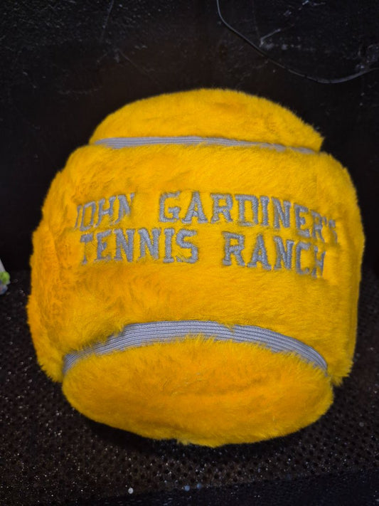 Mustard Yellow Vintage John Gardiner's Tennis Ranch Novelty Tennis Ball Shaped Pillow, 9"