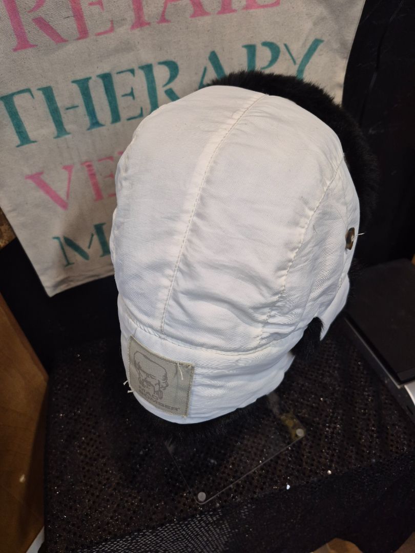 White w/Black Faux Fur Mad Bomber Trapper Hat, S