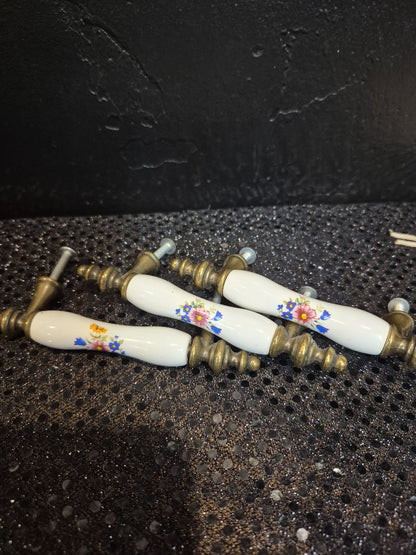 White/Floral Vintage Brass & Ceramic Drawer Pulls, Set of 3, 5"