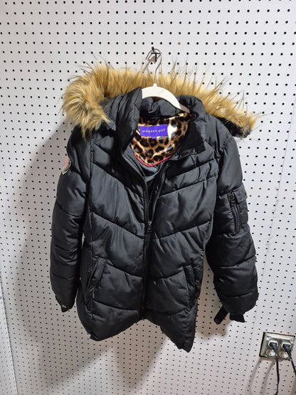 Black Madden Girl Coat w/Faux Fur trimmed Hood, M