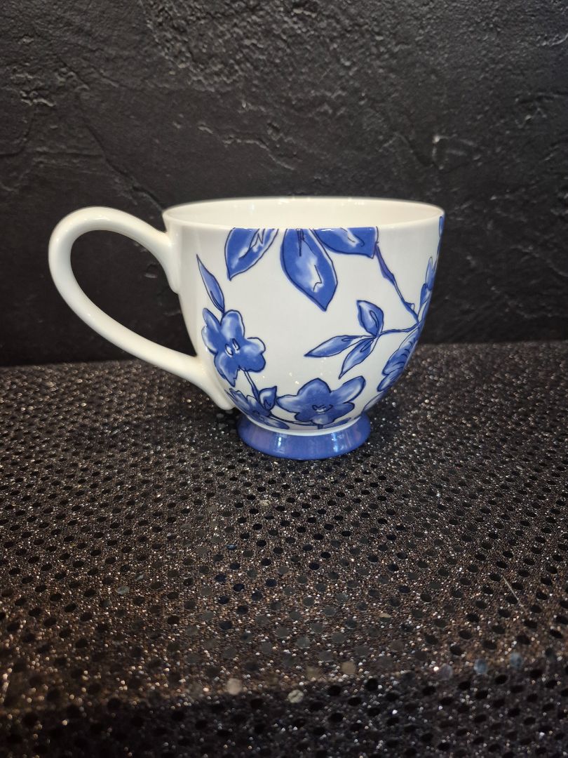White w/ Blue Fliral Portabello By Inspire Fine Bone China Coffee Mug, 4"