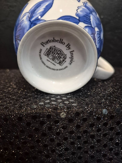 White w/ Blue Fliral Portabello By Inspire Fine Bone China Coffee Mug, 4"