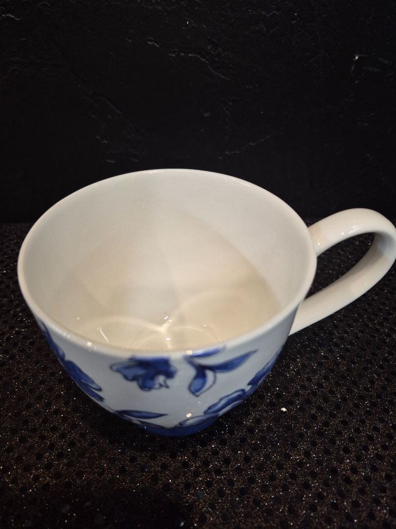 White w/ Blue Fliral Portabello By Inspire Fine Bone China Coffee Mug, 4"