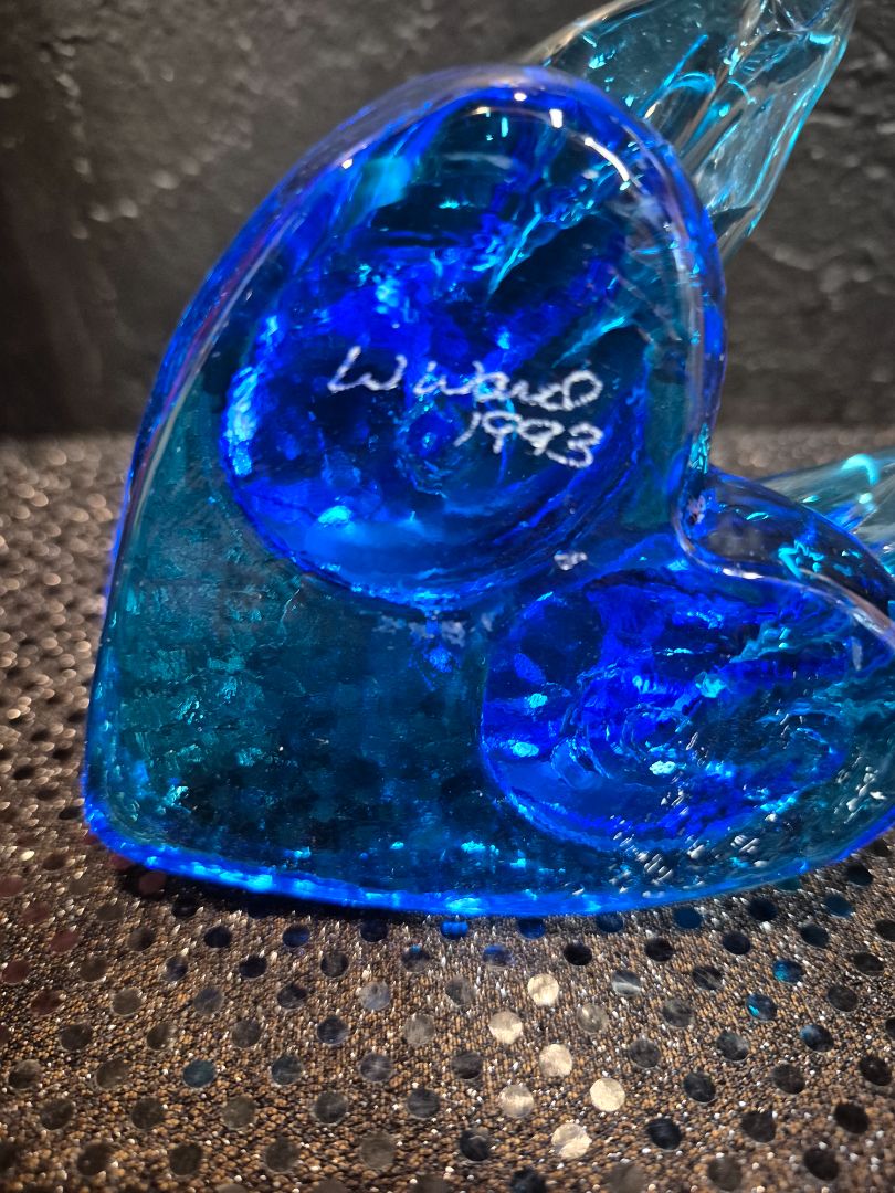 Blue  Vintage Glass Blubird of Happiness, Signed by W. Ward 1993, 4" × 5" × 2.75"