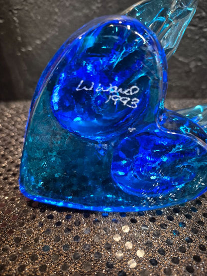 Blue  Vintage Glass Blubird of Happiness, Signed by W. Ward 1993, 4" × 5" × 2.75"