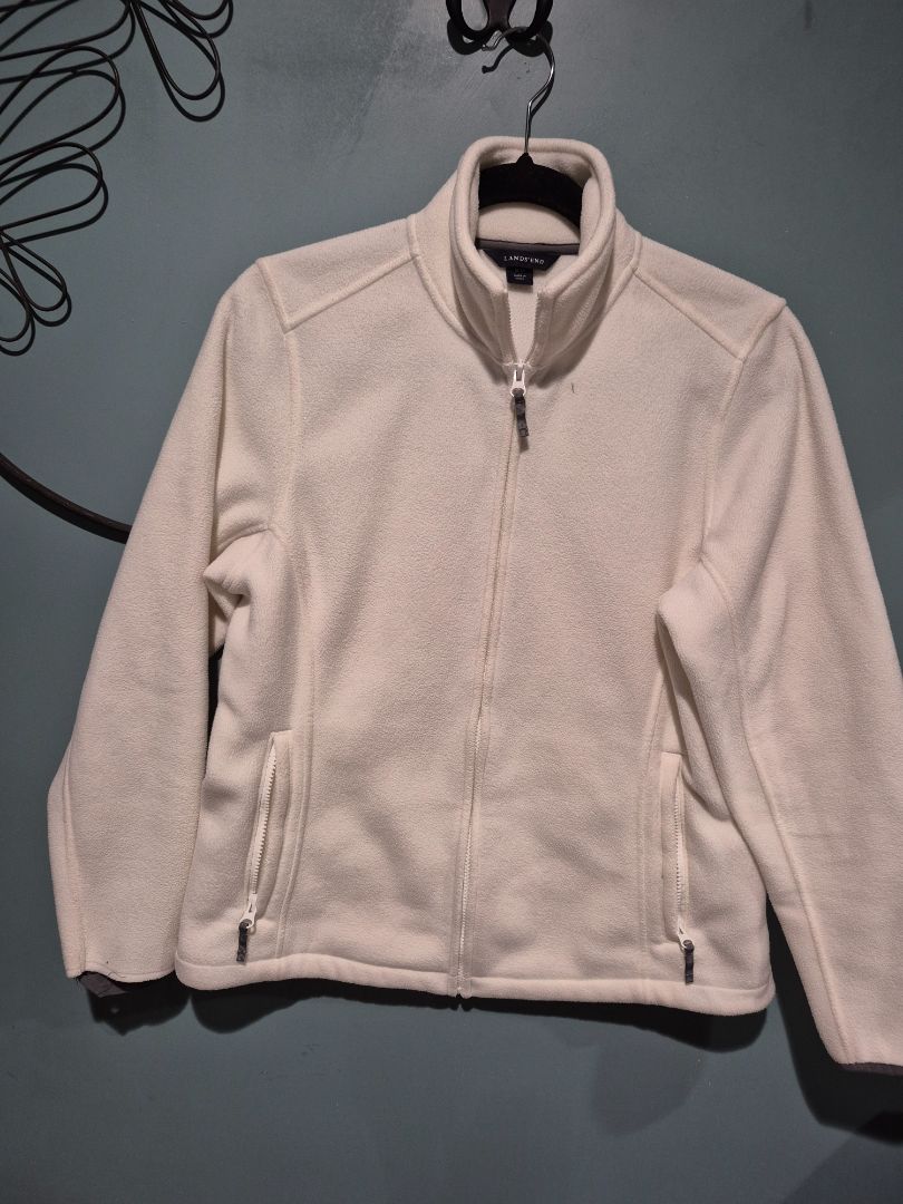 Cream Lands' End Full Zipper Fleece Jacket, M