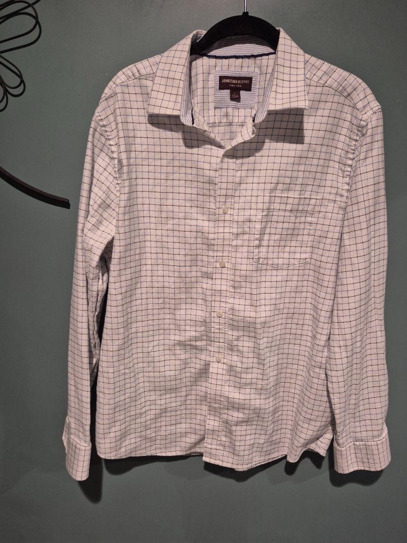 White, Black, & Blue Plaid Johnston & Murphy Long Sleeve Button Shirt, L