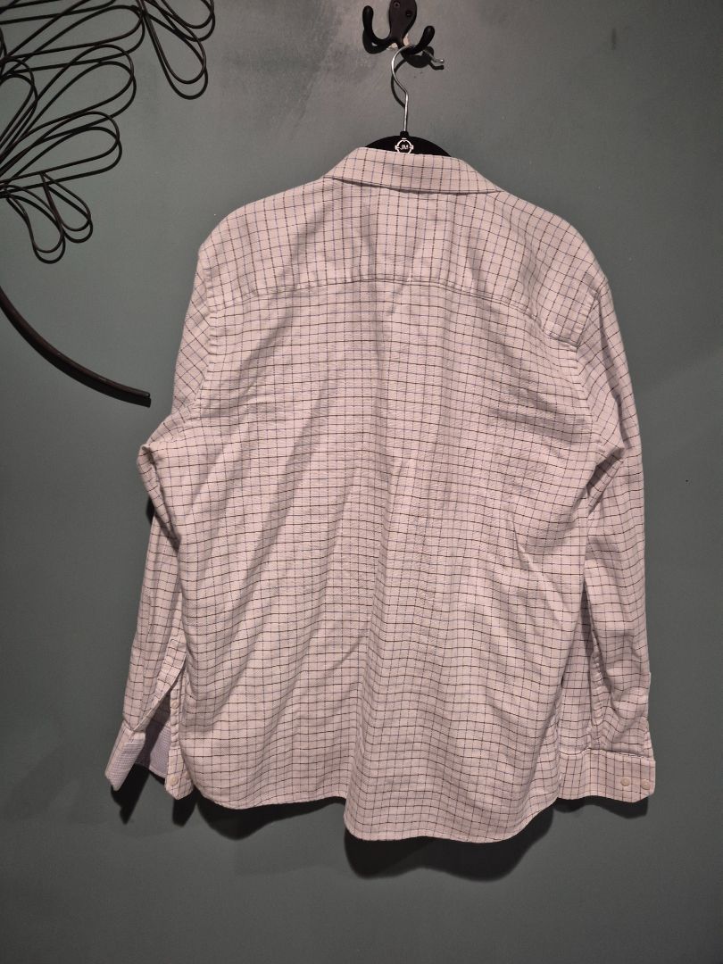 White, Black, & Blue Plaid Johnston & Murphy Long Sleeve Button Shirt, L