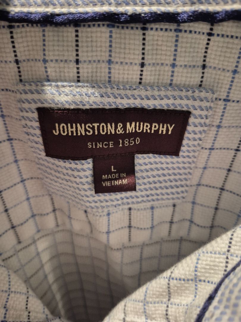 White, Black, & Blue Plaid Johnston & Murphy Long Sleeve Button Shirt, L