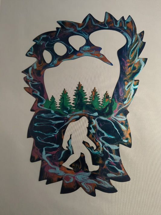 Metallic blue, green and copper Luminous Creations Acrylic Poured Bigfoot, 16 inches X 18 inches