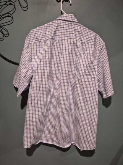 White w/Blue Plaid Duluth Trading Co Short Sleeve Magnetic Button Shirt, L Tall