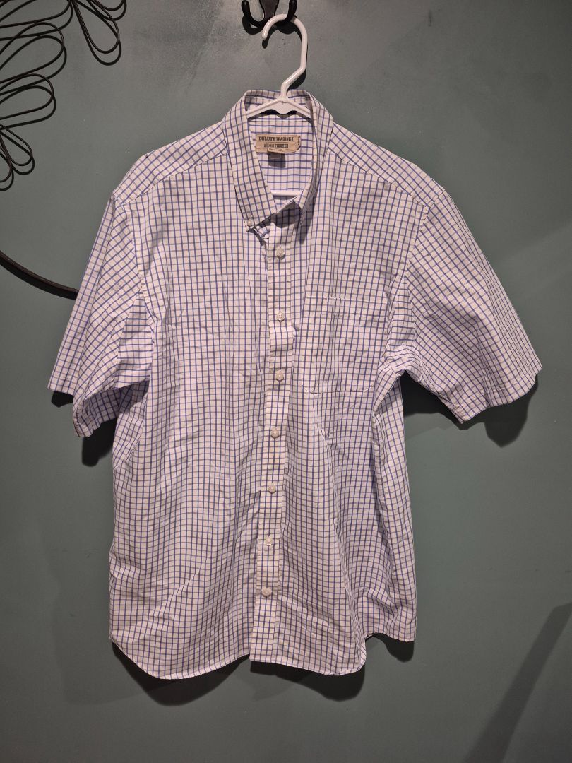 White w/Blue Plaid Duluth Trading Co Short Sleeve Magnetic Button Shirt, L Tall