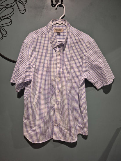 White w/Blue Plaid Duluth Trading Co Short Sleeve Magnetic Button Shirt, L Tall