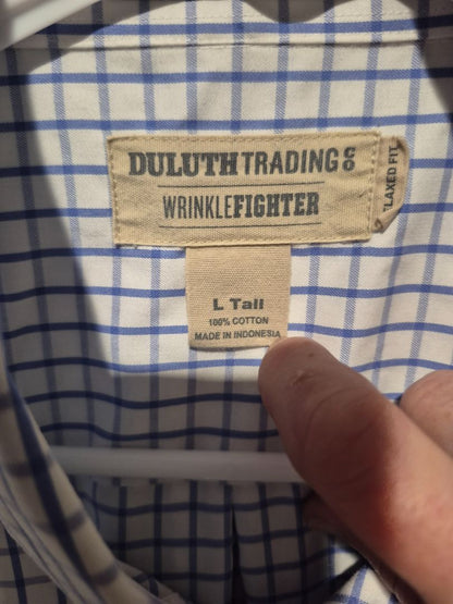 White w/Blue Plaid Duluth Trading Co Short Sleeve Magnetic Button Shirt, L Tall