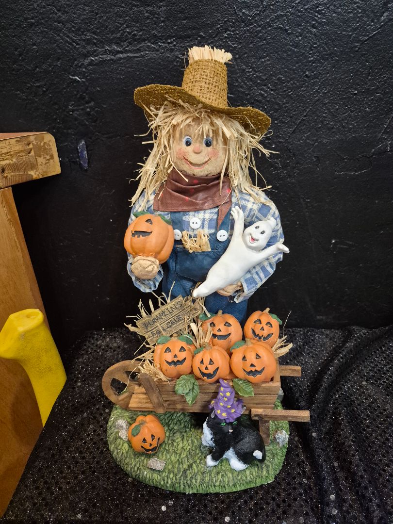 Fabric Mache Scarecrow W/Wagon of Pumpkins, 13"
