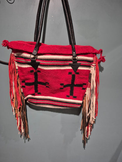 Red  El Paso Saddleblanket Co Wool Blend Tote, 18" × 16"