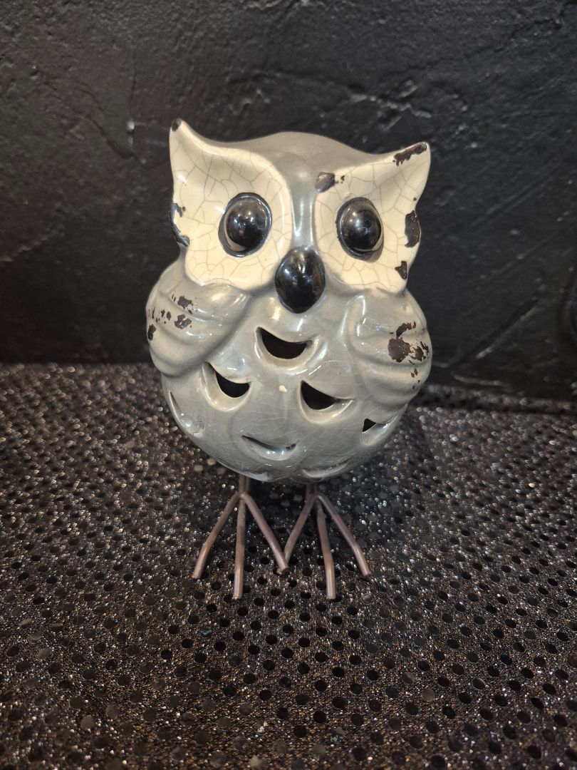 Grey & White  Ceramic Owl Figurine, 5"
