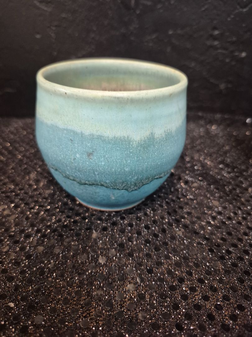 Blue  Signed Glazed Pottery Vase, 3.25" × 3"