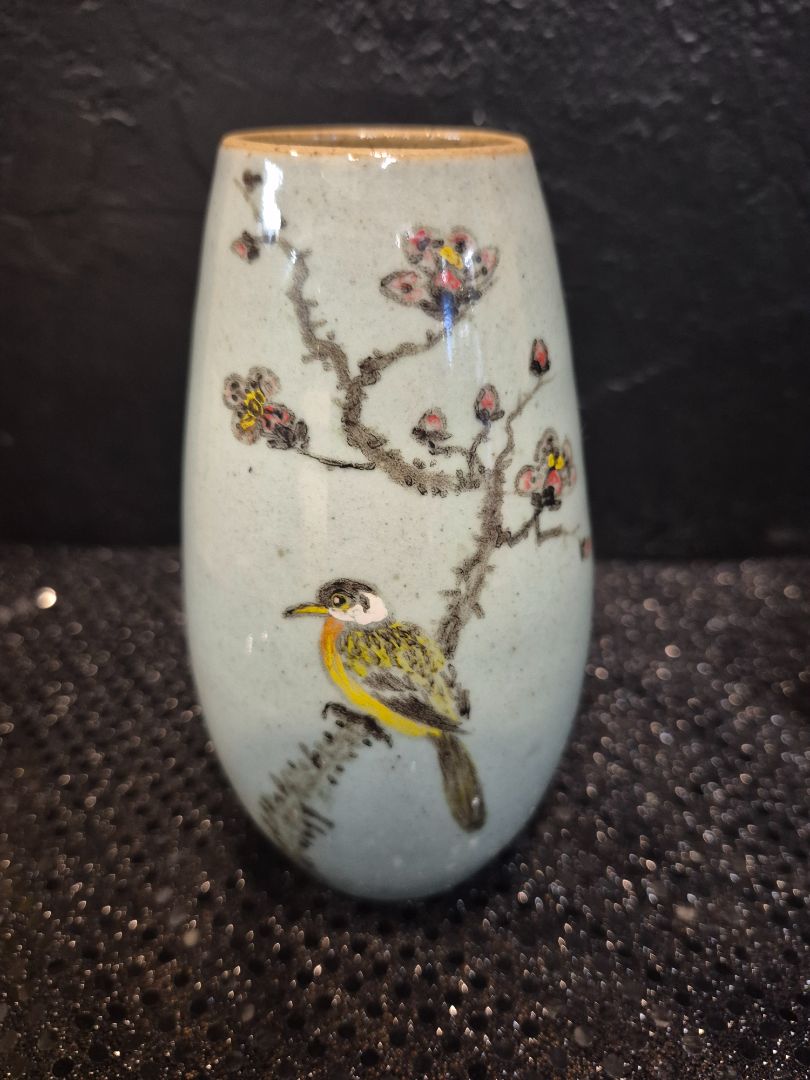 Bird on Branch  Hand Painted Glazed Pottery Vase, 5.5"