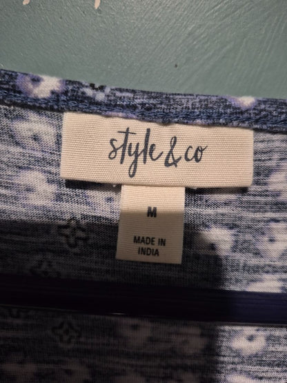 Blue & White Style & Co Short Sleeve Blouse, M
