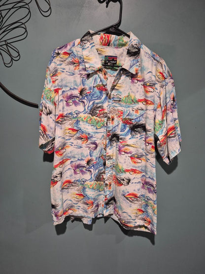 White w/Fly Fishing Flies Pataloha Short Sleeve Button Fly Fishing Shirt, L