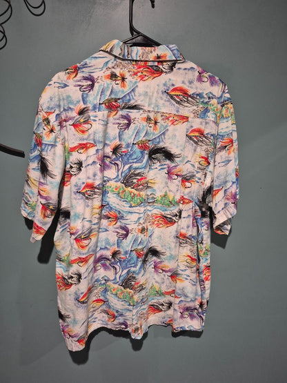 White w/Fly Fishing Flies Pataloha Short Sleeve Button Fly Fishing Shirt, L