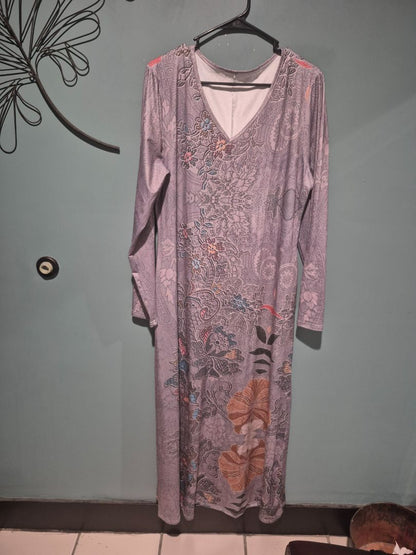 Grey w/ Floral  Long Sleeved Dress, xxl